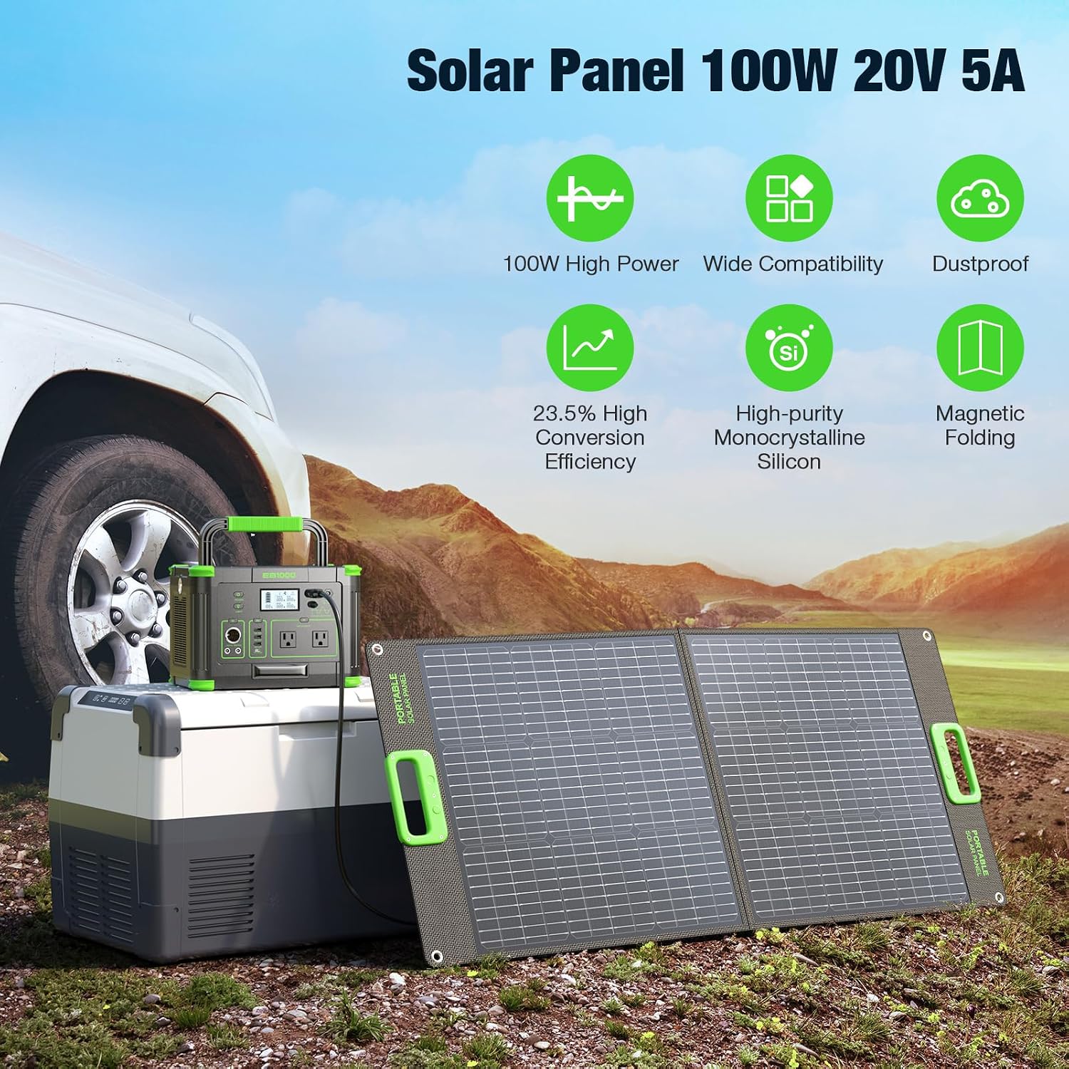 100W Portable Solar Panel for Power Station Generator, Waterproof Foldable | 20V Solar Cell Solar Charger with