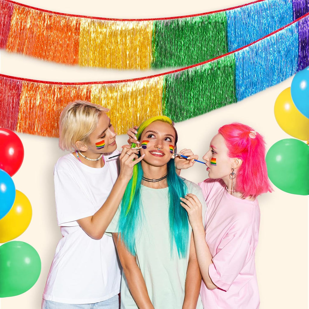Rainbow Foil Fringe Garland Party Decorations, 12 Feet Rainbow Tinsel Metallic Glitter Banner, Hanging Table Skirts