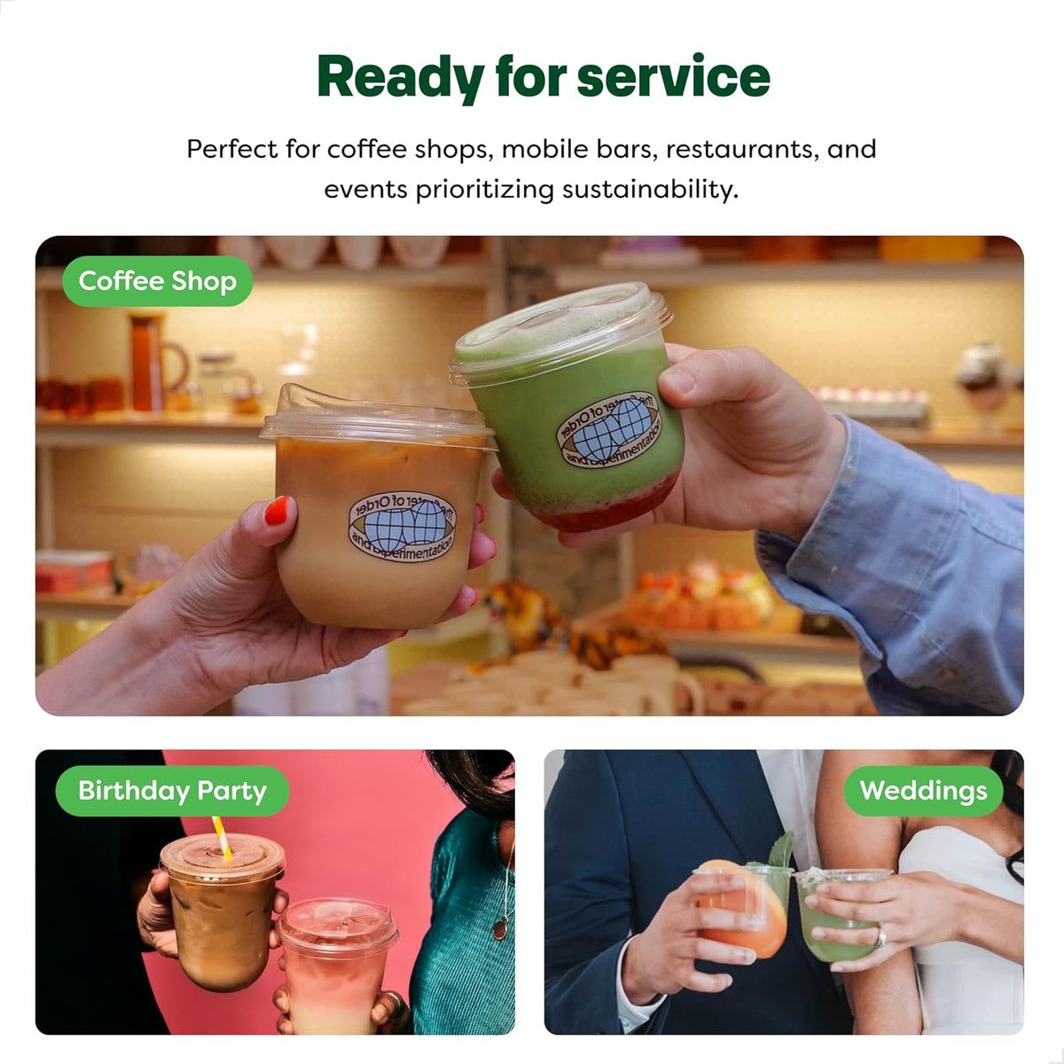 NATURAL 16oz Arc Bundle - Plant Based 98mm Clear Cold Cups + Sip Lids - Plastic Alternative for Parties