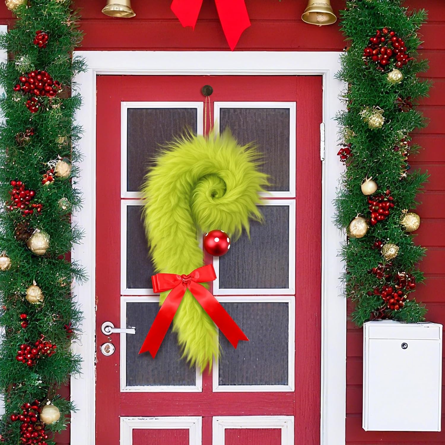 Christmas Candy Cane Wreath Hangers for Front Door Lime Green Furry Hanging Decor Christmas Door Sign Bow Decorations
