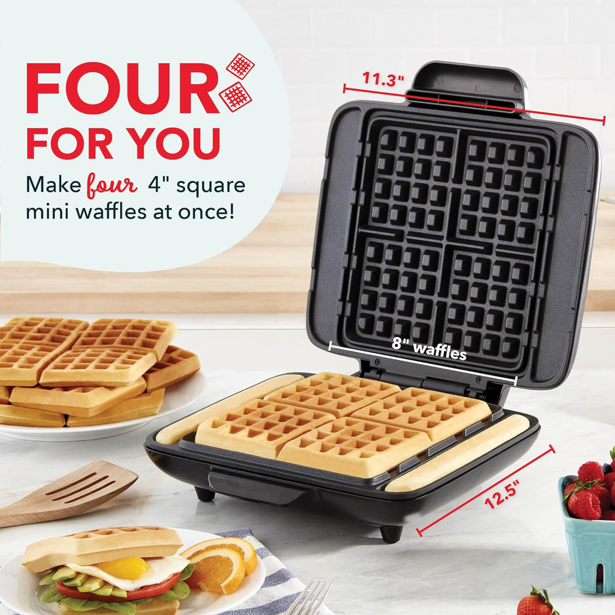 No-Drip Waffle Maker, 4 Square Mini Waffles at Once, Silver | Small Waffle Iron for Families, Kids Breakfast