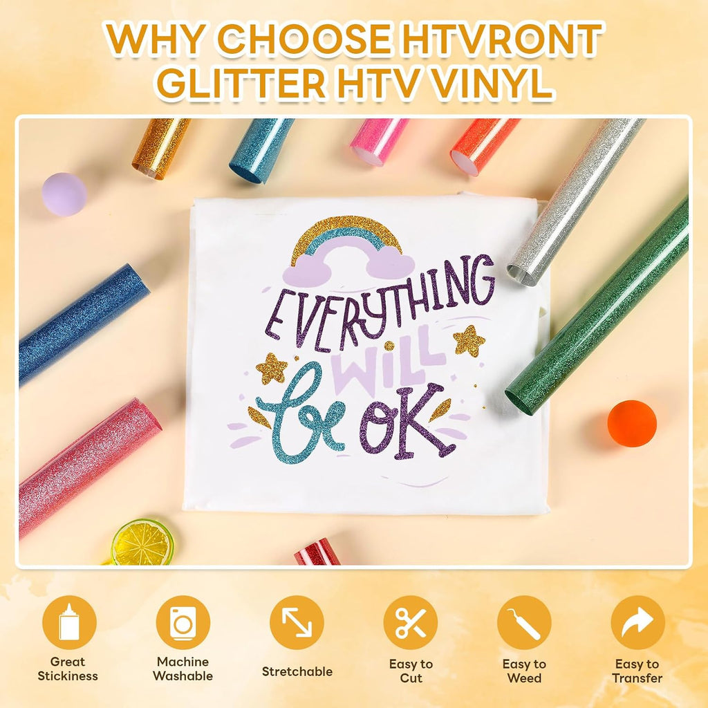 Glitter HTV Heat Transfer Vinyl - 13 Sheets 12" x 10" | Glitter Iron On Vinyl for T-Shirts, Sparkle HTV Compatible