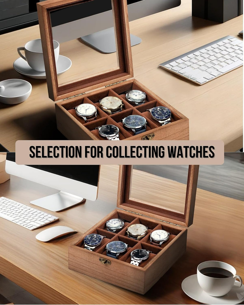 Watch Box, Watch Case for Men Women with Large Glass Lid, Wooden Watch Display Storage Box with 6 - Slots, Retro