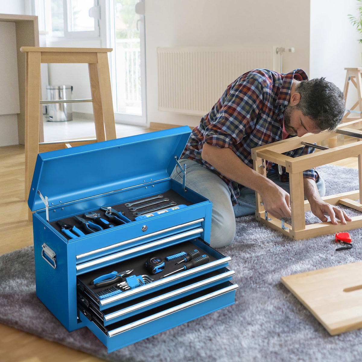 24" Portable Tool Box, 5 Drawer Tool Chest, Blue