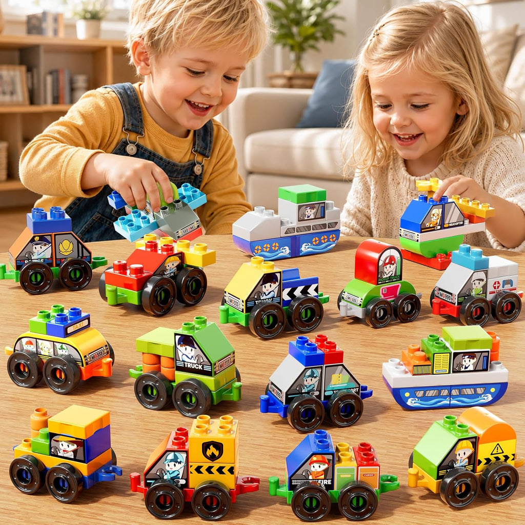 Toddlers Car Building Blocks Set, 16Pcs Different Vehicles, Build Your Own Toy Cars, STEM Learning Toy for Ages 3-5