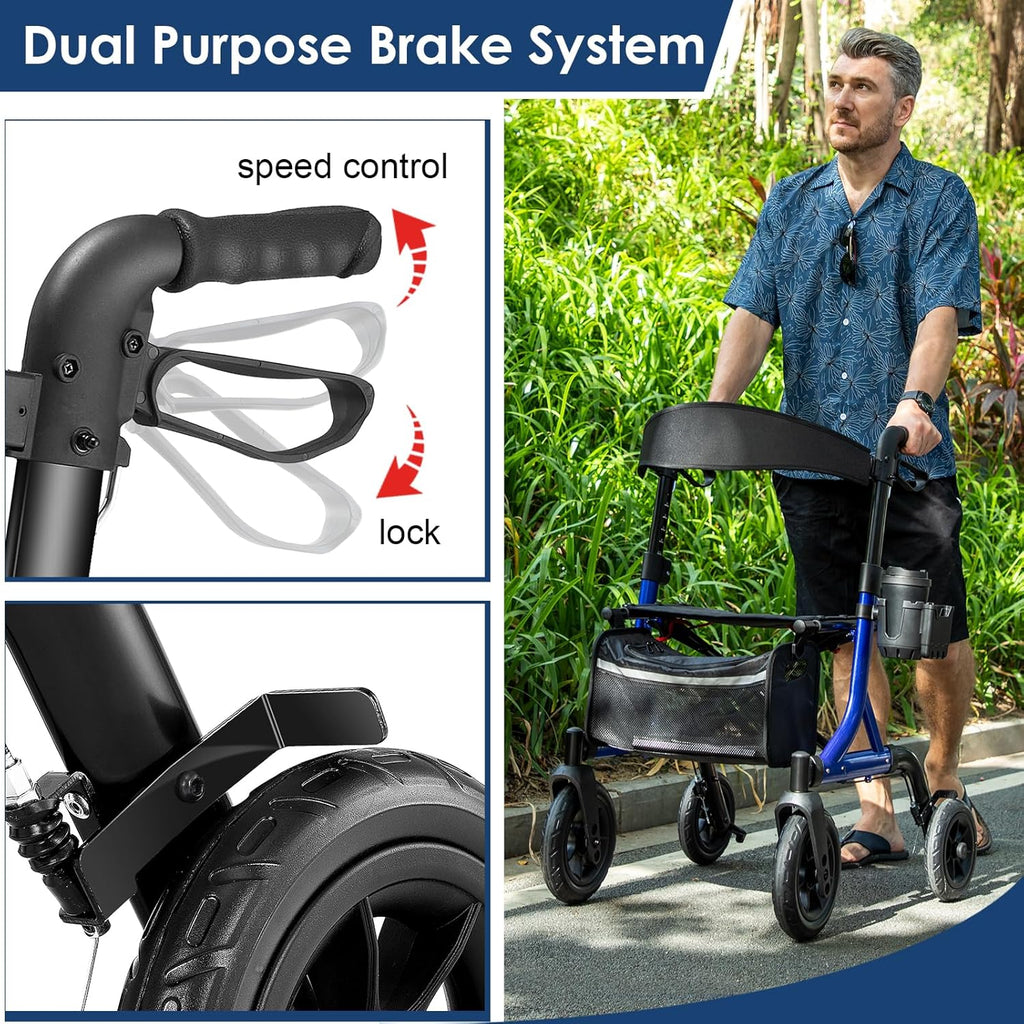 Walkers for Seniors, Rollator Walker with Seat, 10" Rubber Wheels All Terrain Rollator Walker with Backrest, Aluminum