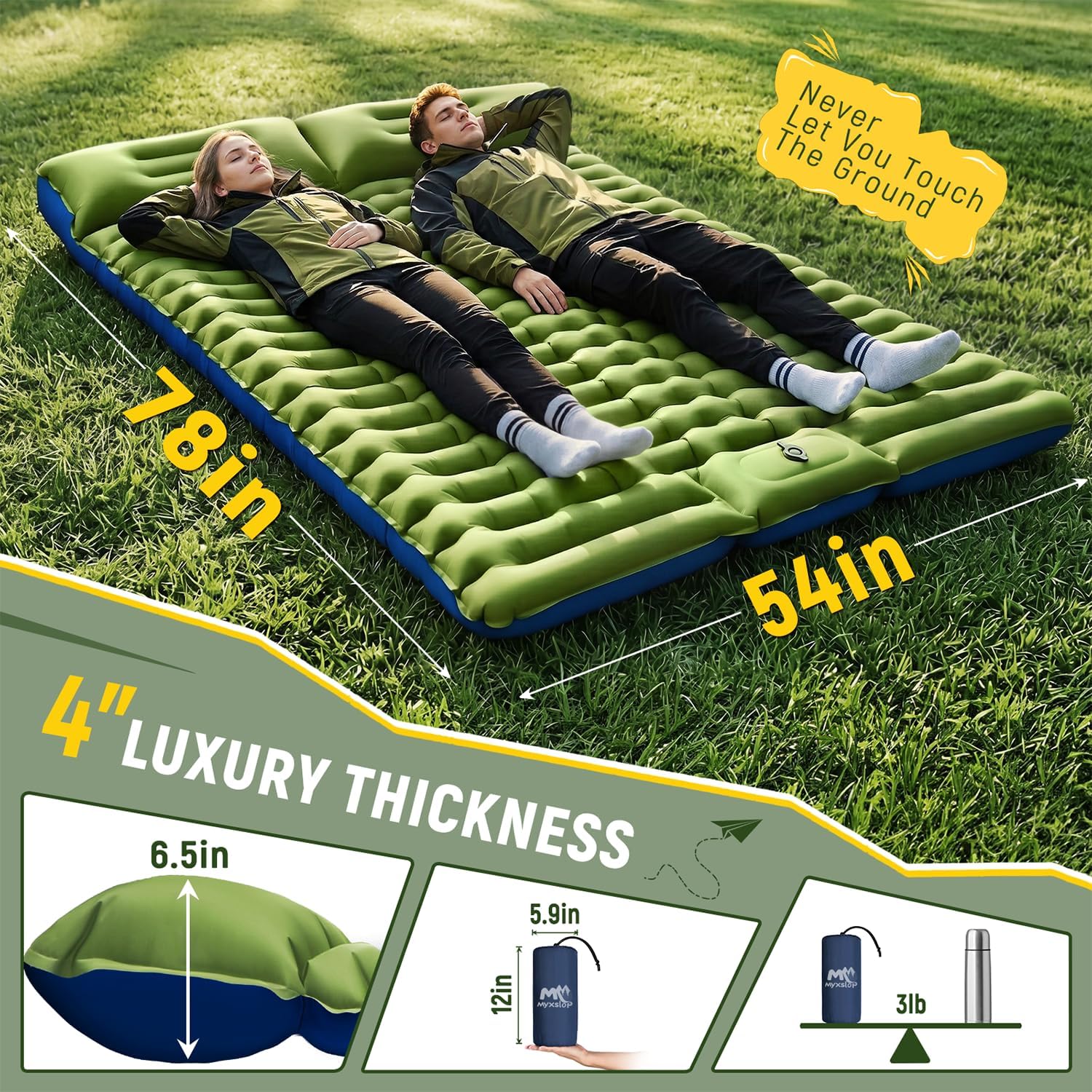 Double Sleeping Pad for Camping, 4" Extra-Thick 2 Person Inflatable Camping Mattress with Built-in Pillow & Foot