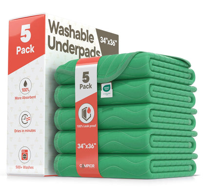 Washable Underpads Large 34"x36" (Pack of 5) – Reusable Waterproof Bed Pads for Adults & Seniors, Extra Heavy