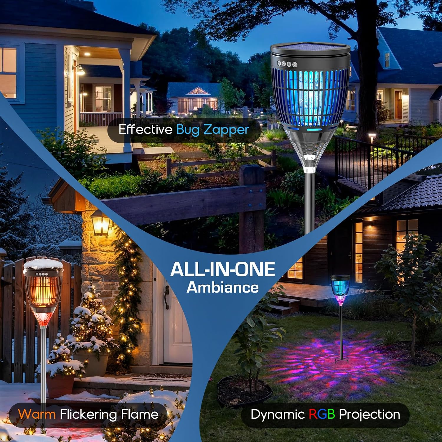 Solar Bug Zapper Outdoor, Mosquito Zapper with Flame & Projector Light | Auto On/Off, Waterproof Cordless Mosquito