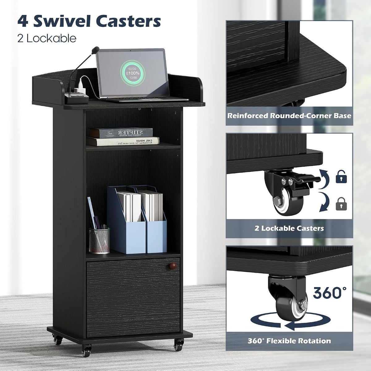Portable Podium Stand with Charging Station & Lockable Wheels (Black)