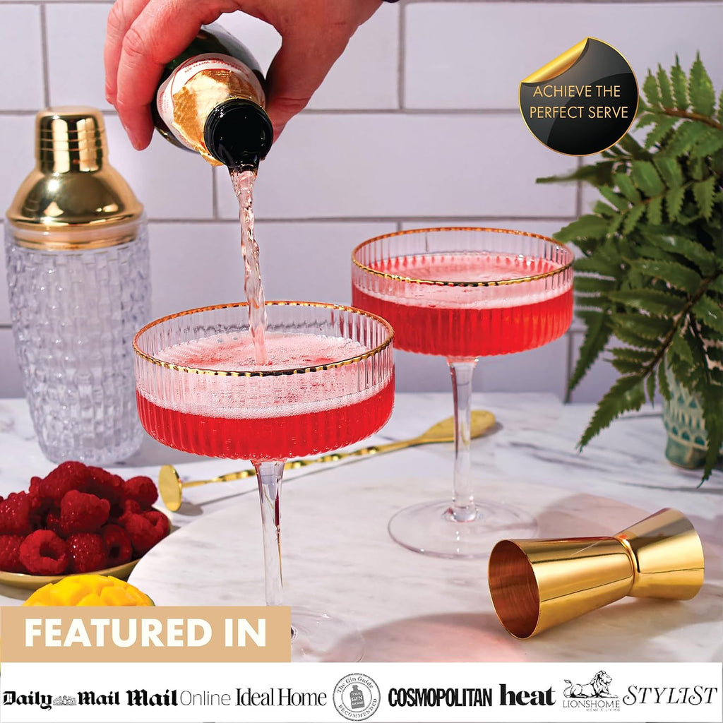 Luxury Espresso Martini Gifts | Gold Cocktail Shaker Set + 2 Espresso Martini Glasses - Cocktail Kit with Built-in