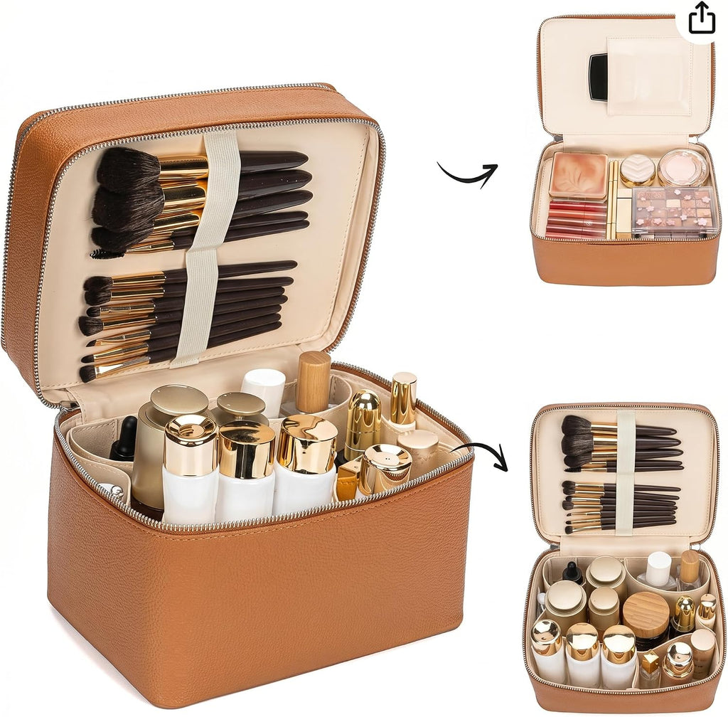 Double Layer Makeup Vanity Case, Large Capacity Cosmetic Bag with Removable Divider & Brush Organizer, Travel