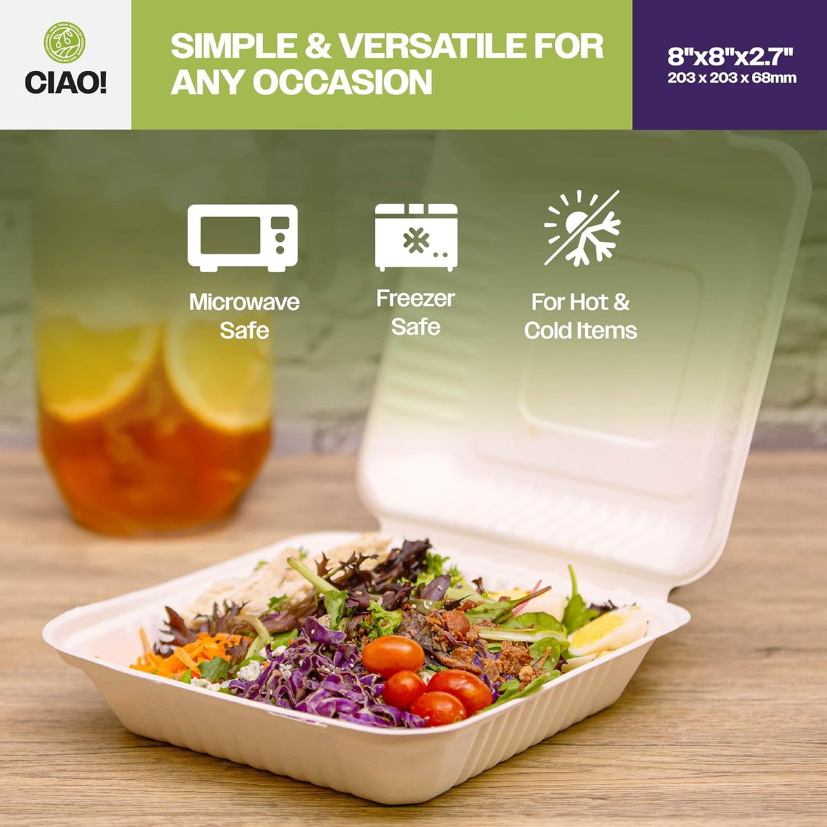 8"x8"x3" Clamshell 1 Compartment 100% Compostable Ecofriendly PFAS Free Unbleached Bagasse Natural White (200/case)