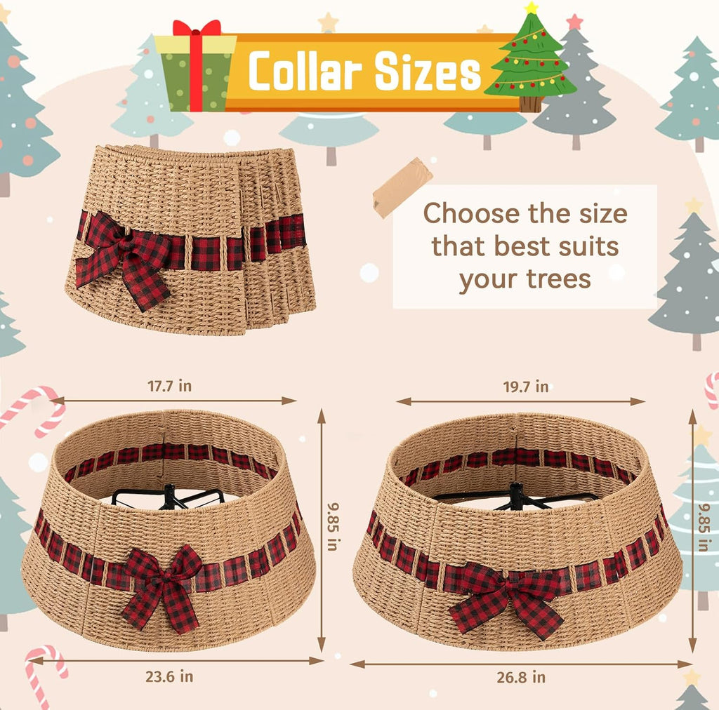 Christmas Tree Collar, Wicker Holiday Tree Skirt & Stand Base Cover,Paper Rope Christmas Decor with a Bow Tie
