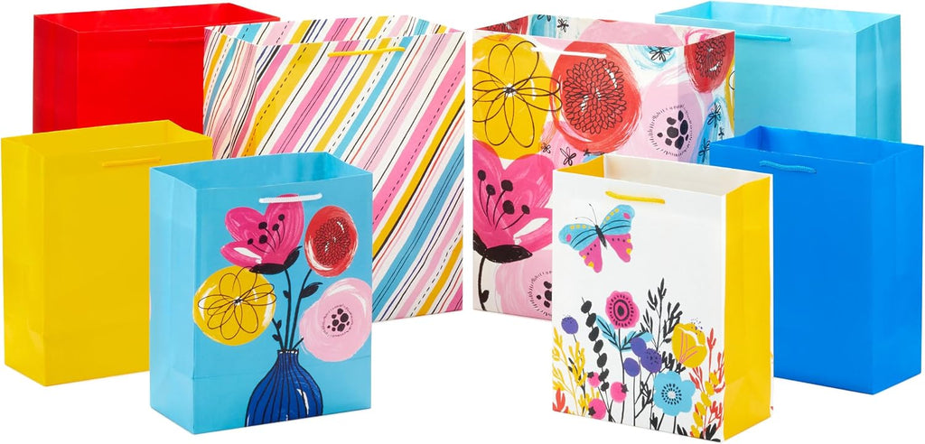 Gift Bag Assortment, 8-Pack (Flowers, Blue, Red, Yellow, Pink)