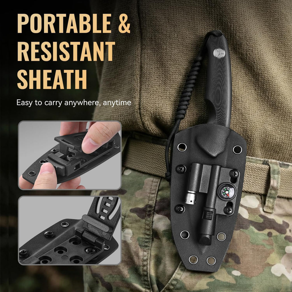 Fixed Blade Knife with Sheath, Black Stonewash Blade 4.33" Camping Knife with G10 Handle & Hidden Tool, Full Tang