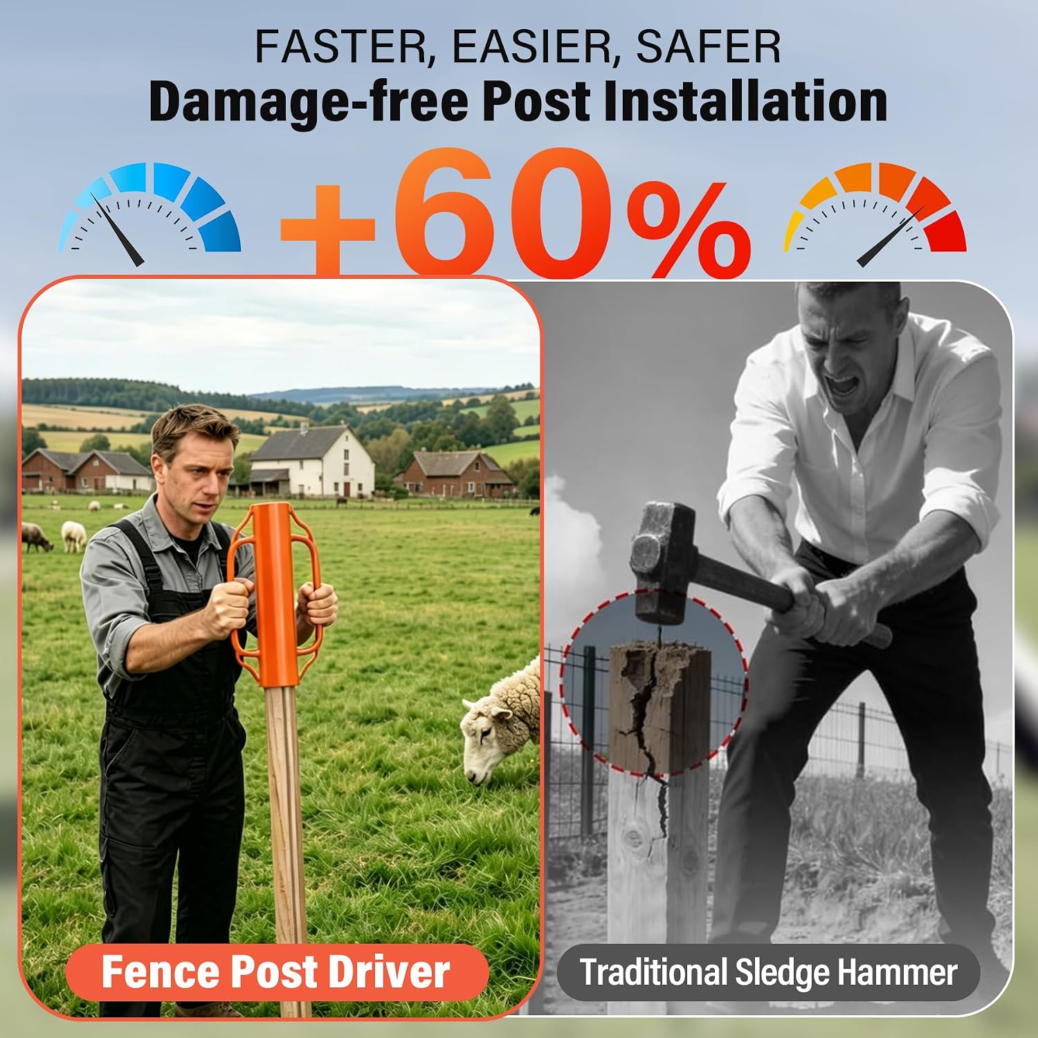 Heavy Duty T Post Driver, 17" Steel Fence Post Pounder with Handles, Orange。8LB