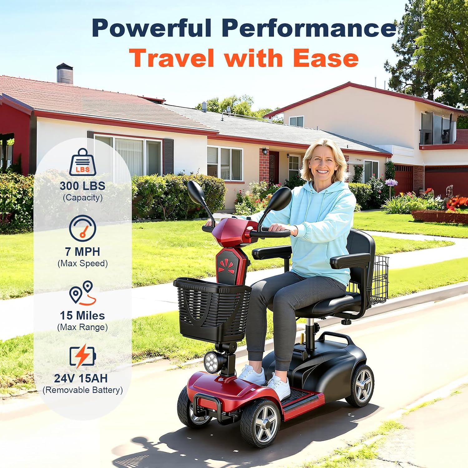 15/25/30/50Miles Eldryvon 4 Wheels Electric Mobility Scooter for Seniors, Dual Basket, 350W Powered Wheelchair with