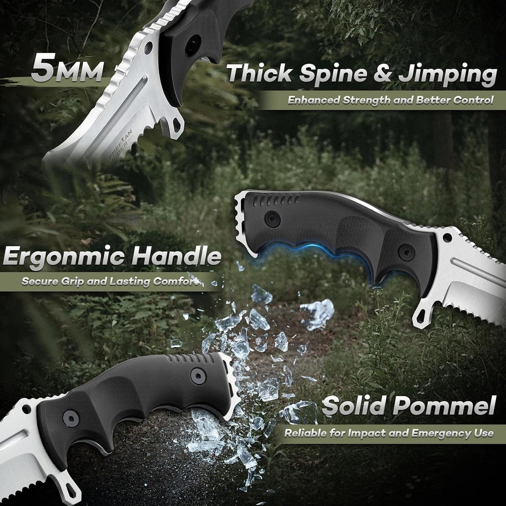 Fixed Blade Knife D2 Steel, Full Tang Hunting Knife with Sheath | Outdoor Survival Knife, Bushcraft Knife with