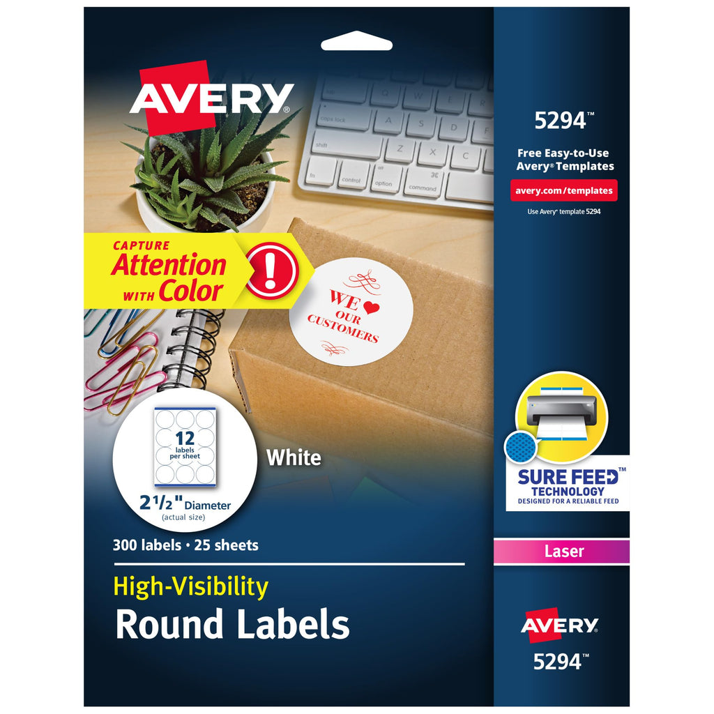 Round Printable Labels, 2.5" Diameter, Matte White, Sure Feed Technology, Laser & Inkjet Compatible, 300 Blank Labels