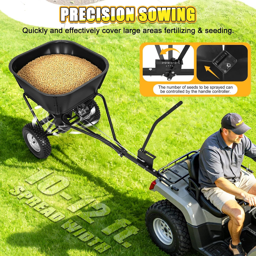 Pull Behind Broadcast Spreader, Fertilizer Spreaders for Lawn Seed Spreader | 130 lb Hopper Capacity with Extended