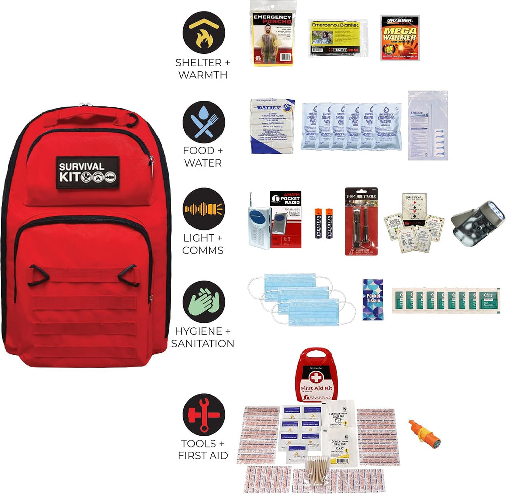 QK 1 Person, 3 Day Prepared Emergency Kit - Go Bag Kit - Food, Water, Tools | 44 pc First Aid Kit, Emergency