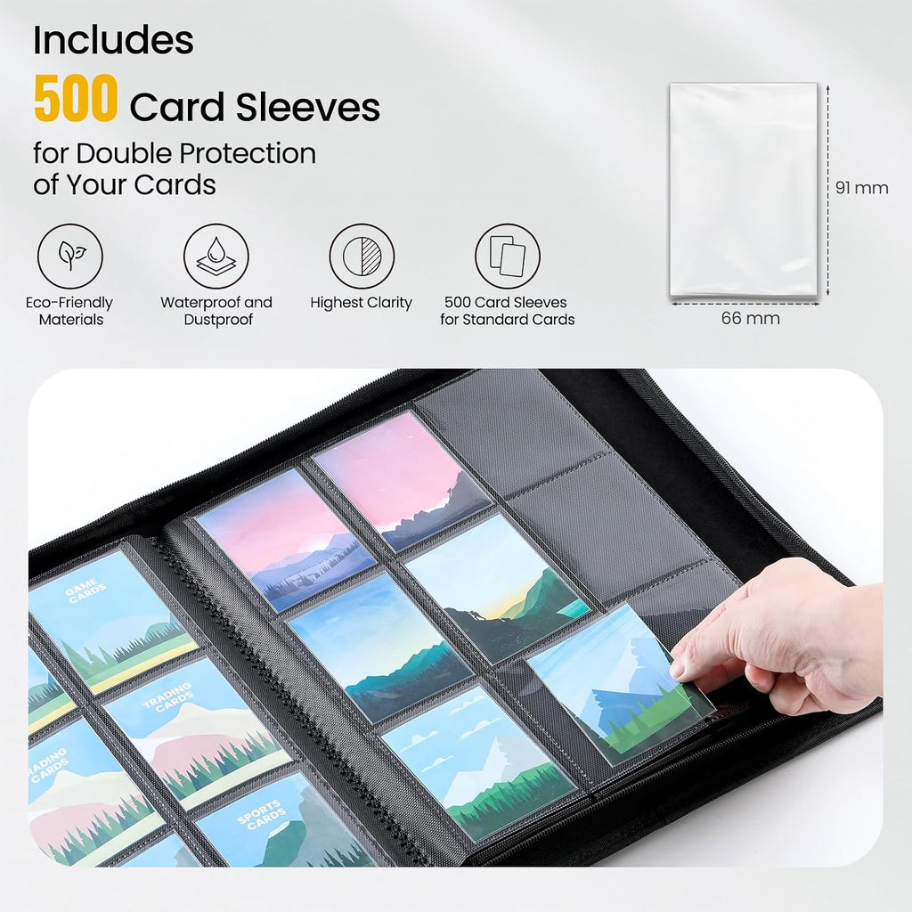 9 Pocket Trading Card Binder with 500 Card Sleeves, 26 Side-Loading Pages Hold 468 Trading Cards, Black PU Cover Zip