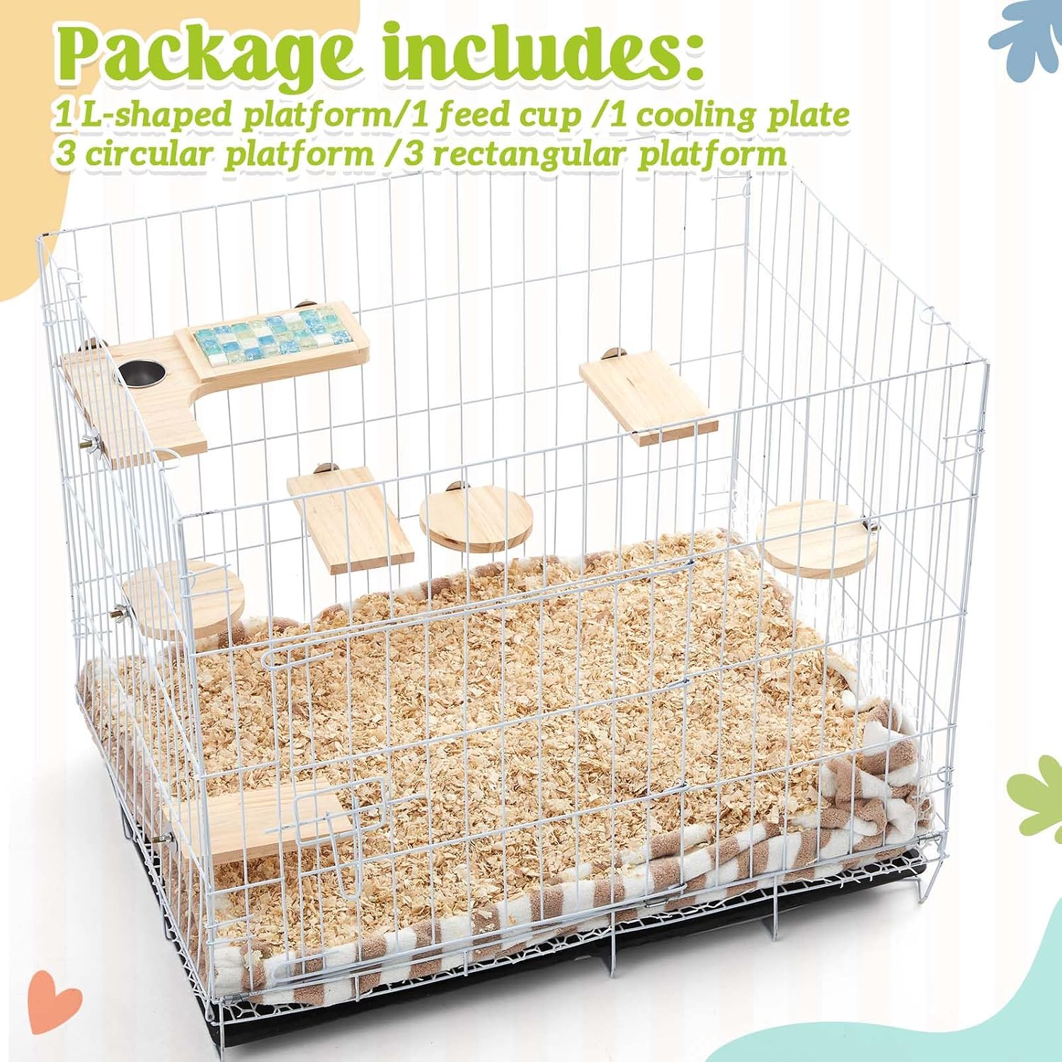 Set of 9 Wooden Hamster Cage Platform Chinchilla Ledges and L Shaped Round Hole Rat Cage Accessories with Cooling