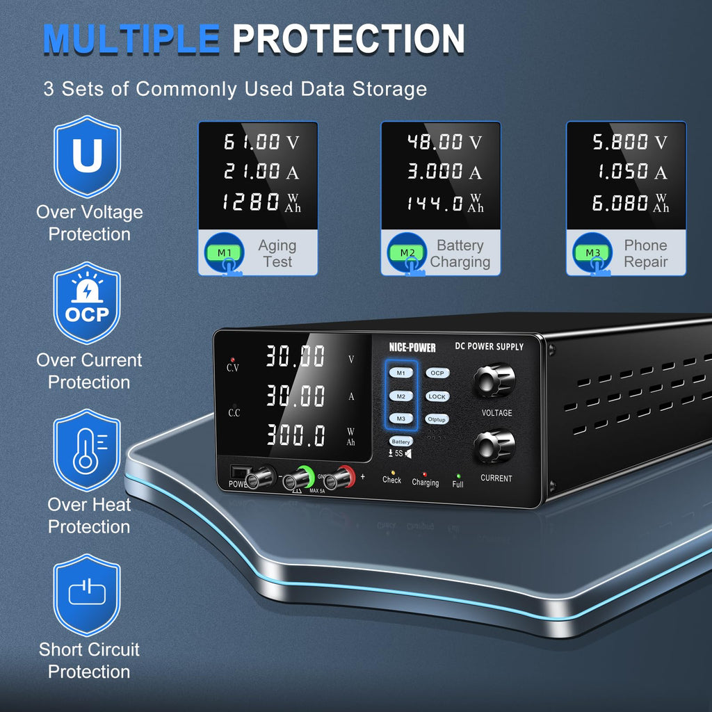 NICE-POWER DC Power Supply Variable, 30V 30A 900W High Power Bench Power Supply for Battery Charging, Adjustable Switching Regulated with OCP, Memory Storage, Output Switch, Lock Button