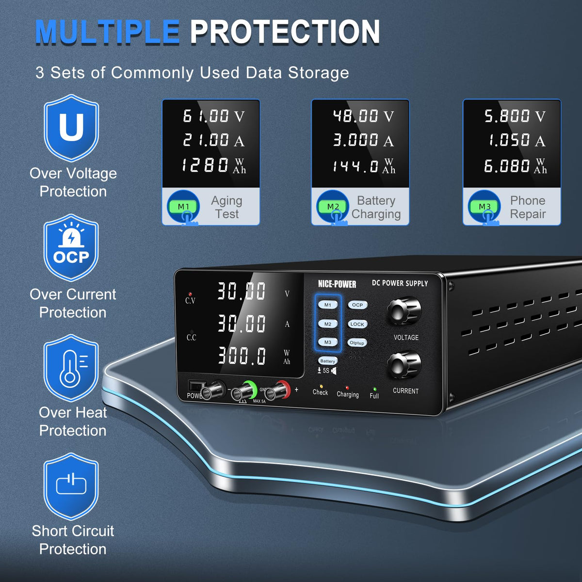 NICE-POWER DC Power Supply Variable, 30V 30A 900W High Power Bench Power Supply for Battery Charging, Adjustable Switching Regulated with OCP, Memory Storage, Output Switch, Lock Button