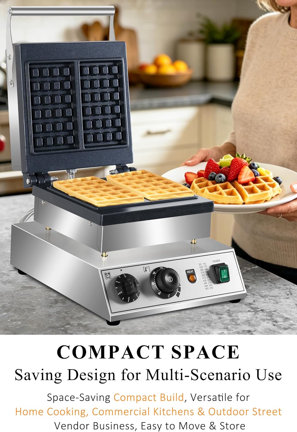 1600W Commercial 2-Slice Rectangular Belgian Waffle Maker