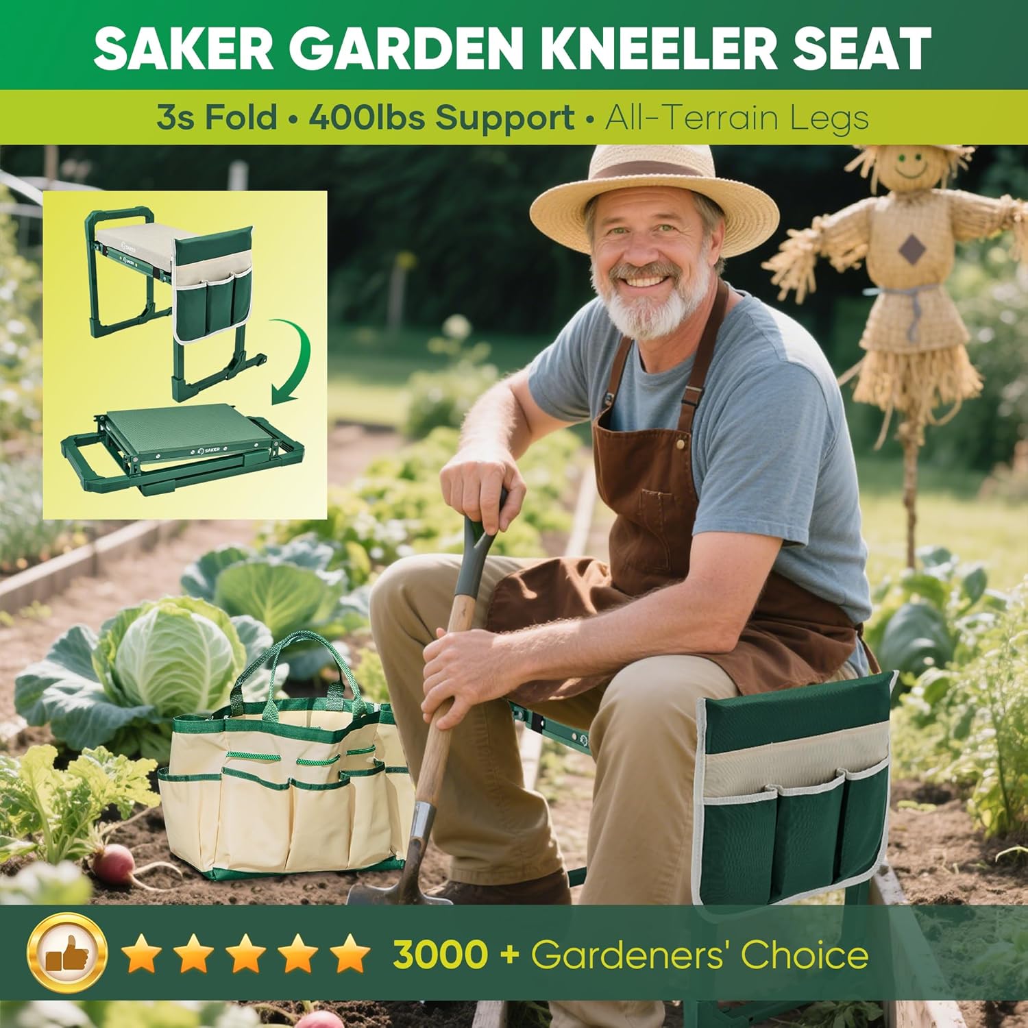 Garden Kneeler and Seat Foldable Gardening Stool with Extendable Legs & Thickened Pad, Tool/Storage Bag, Heavy Duty
