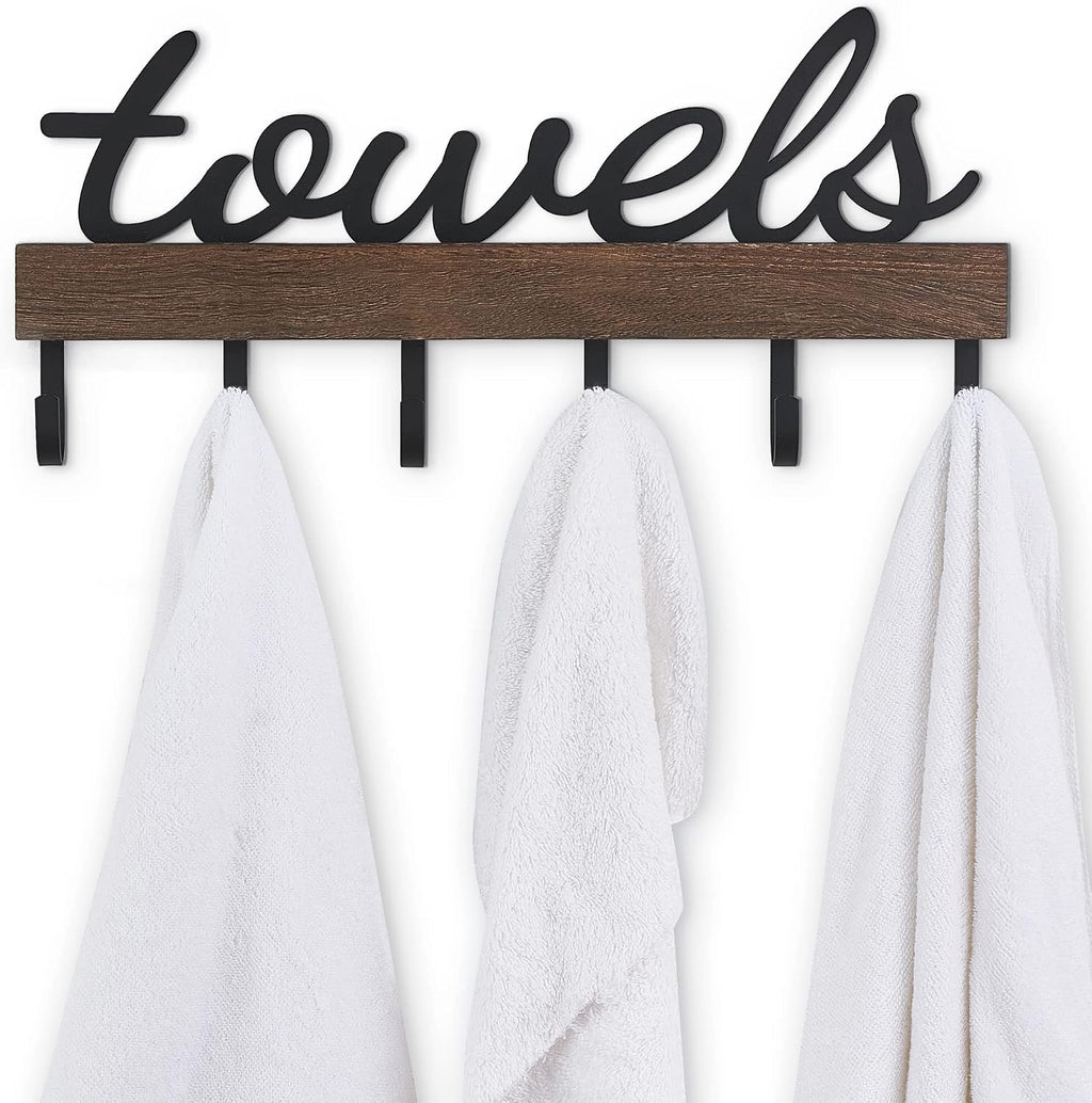 Small Towel Rack with 6 Hooks Wall Mounted Wooden Holder for Bathroom | Rustic Wood & Metal Hooks, Easy Mount