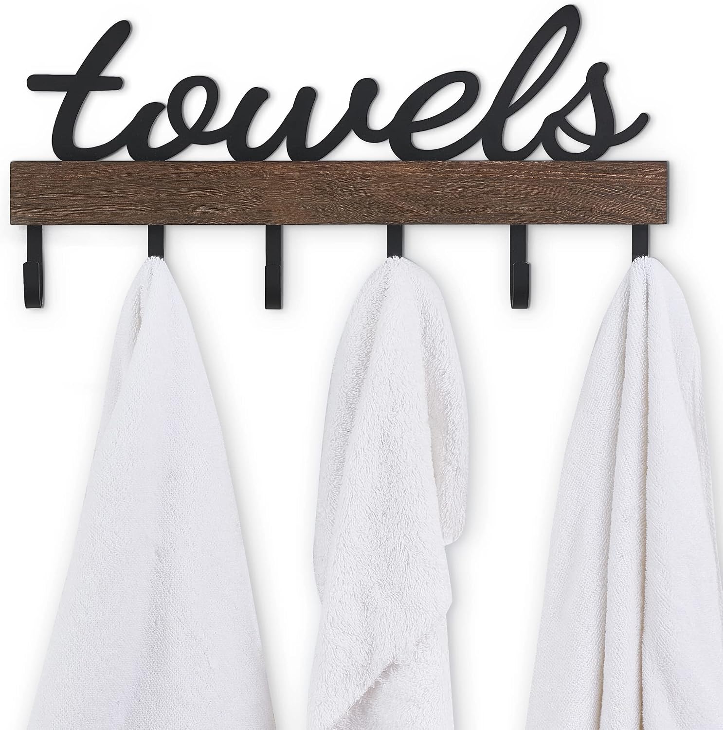 Small Towel Rack with 6 Hooks Wall Mounted Wooden Holder for Bathroom | Rustic Wood & Metal Hooks, Easy Mount