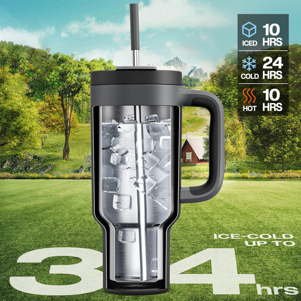 40 oz Tumbler with Handle, 2-in-1 Straw and Sip Lid, Leakproof, Dishwasher Safe, Insulated Stainless Steel Travel