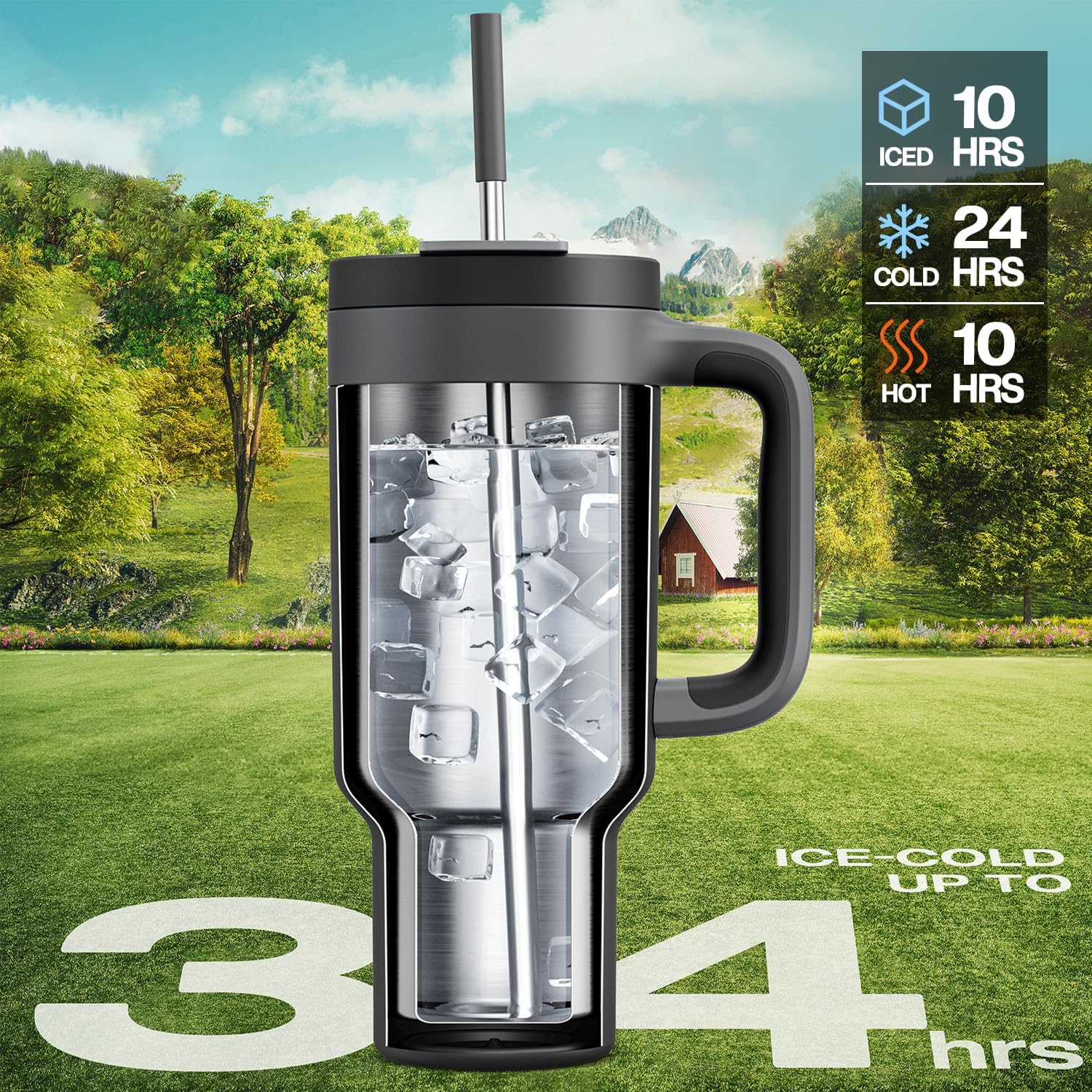 40 oz Tumbler with Handle, 2-in-1 Straw and Sip Lid, Leakproof, Dishwasher Safe, Insulated Stainless Steel Travel