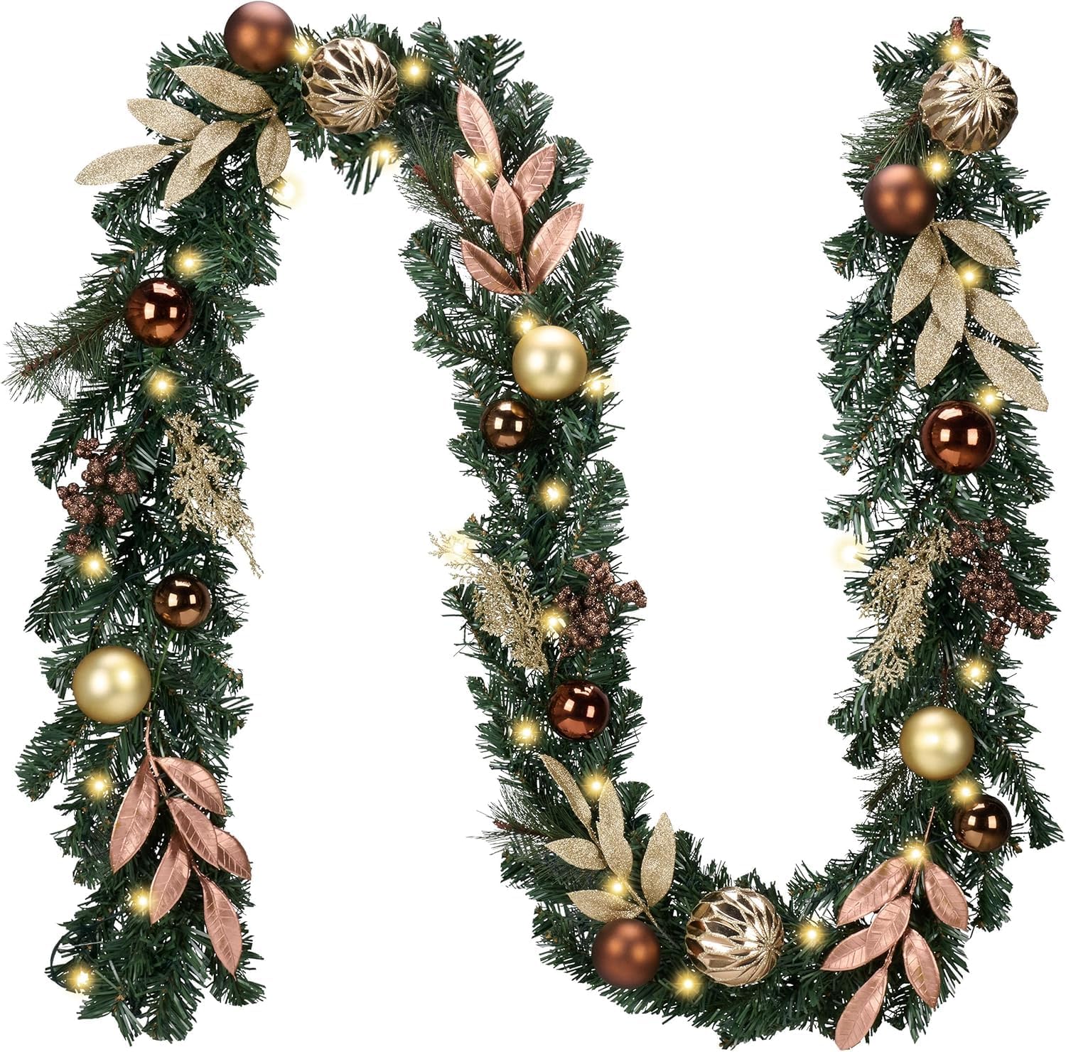 9 Ft Pre-Lit Christmas Garland with Lights for Mantle, Lighted Outdoor Xmas Garland with Copper Gold Balls Norfolk