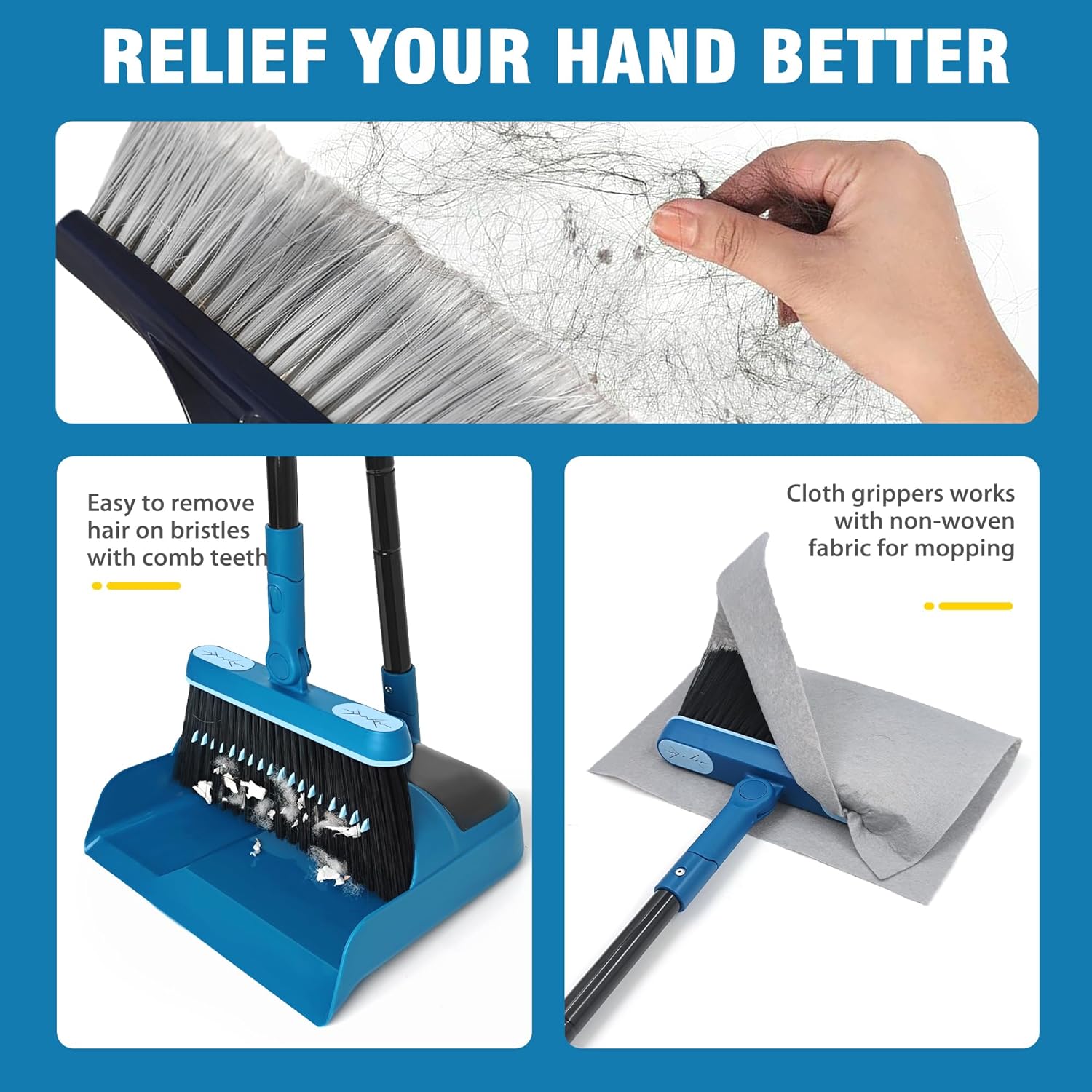 Dustpan and Brush Set, 54 inches Long Handle Swivel Broom, Upright Foldable Dust Pan with Comb Teeth for Home Kitchen