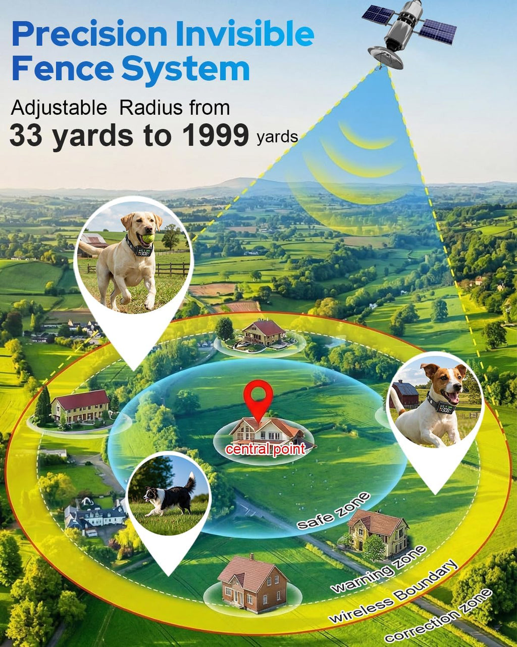 GPS Wireless Dog Collar Fence System, 48H Battery Electric Dog Fence, GNSS Invisible Fence for Dogs Over 15lbs, IPX7