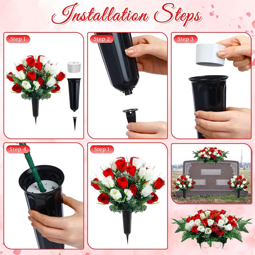 3 Pcs Artificial Cemetery Flower Set Cemetery Flowers Saddle Flowers Rose Bouquets with Vase 1 Saddle and 2 Memorial