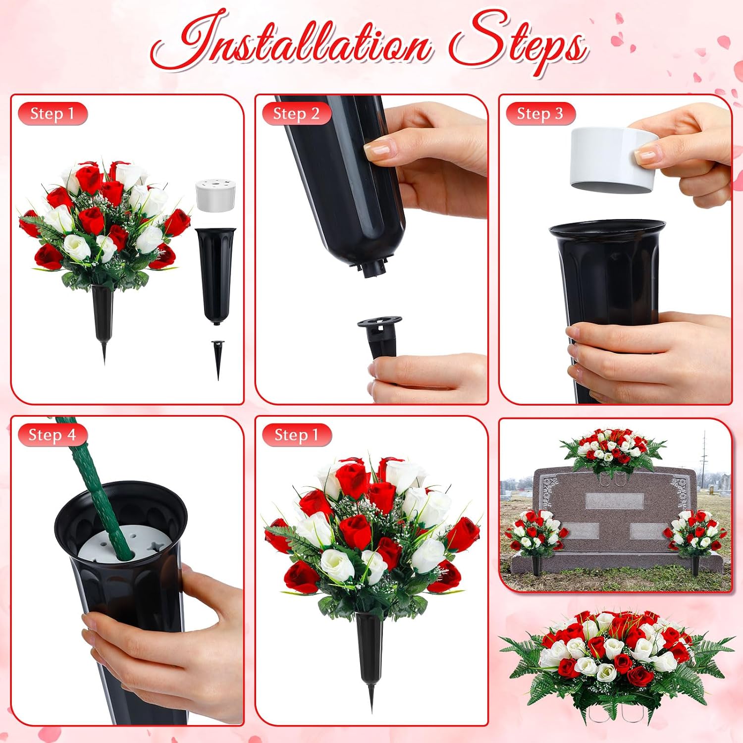 3 Pcs Artificial Cemetery Flower Set Cemetery Flowers Saddle Flowers Rose Bouquets with Vase 1 Saddle and 2 Memorial