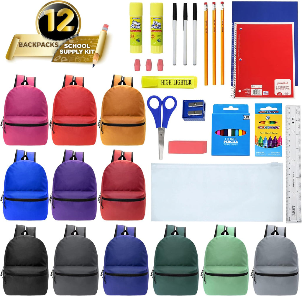 17 Inch Bulk Backpacks with 34 Piece School Supplies Kits - Pens, Pencils, Crayons - Case of 12 Wholesale Backpacks