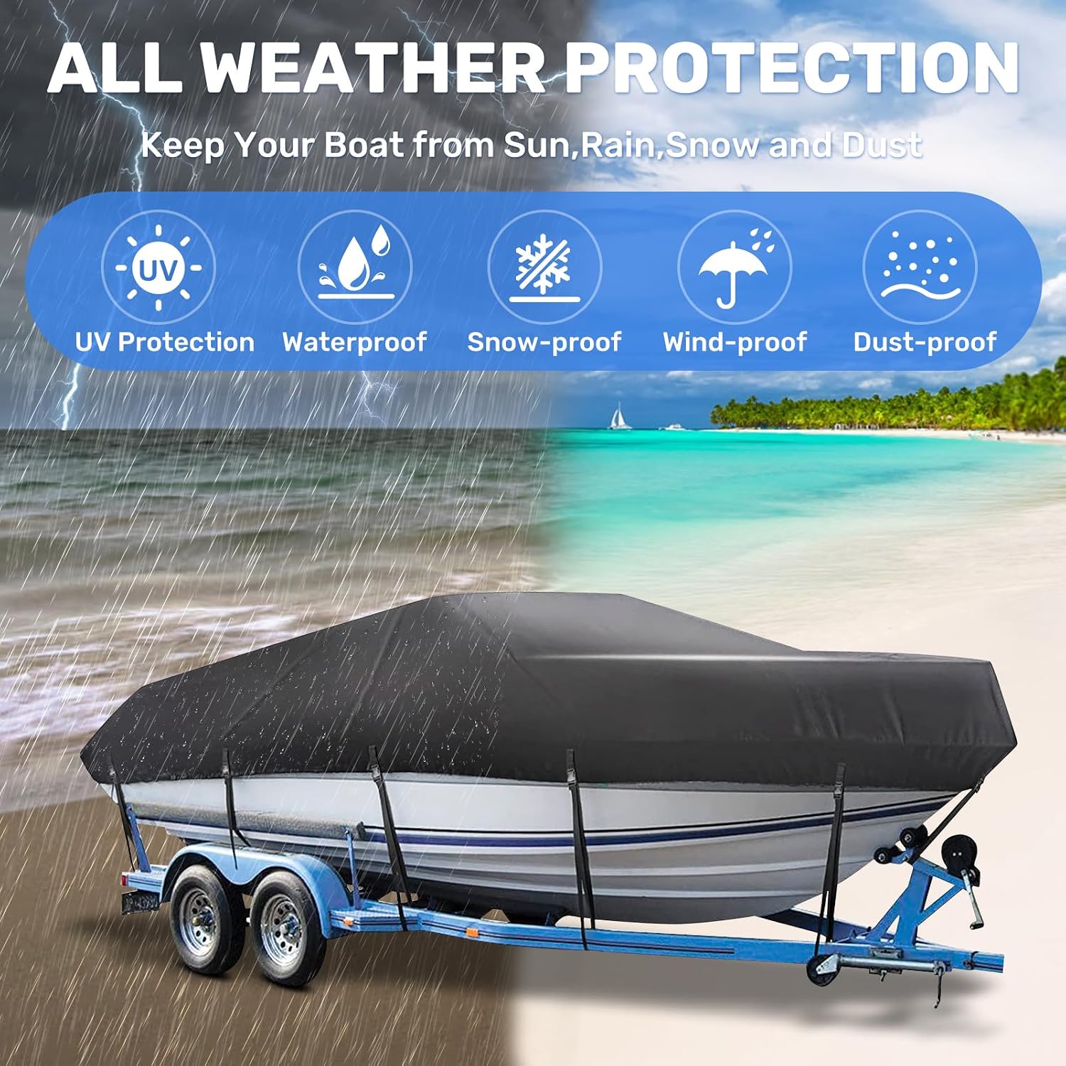 Boat Cover 16ft-18.5 ft, Waterproof Trailerable Boat Cover | Heavy Duty Covers fits Bass Boats, V-Hull, Tri-Hull