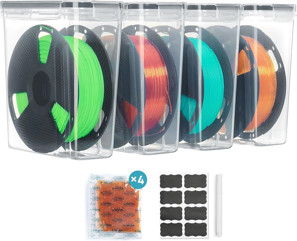 Filament Storage Box, 4 Pack, Clear, for 1KG Spools | Desiccant, Labels & Marker, Waterproof, 1KG Spools, Dust-Proof