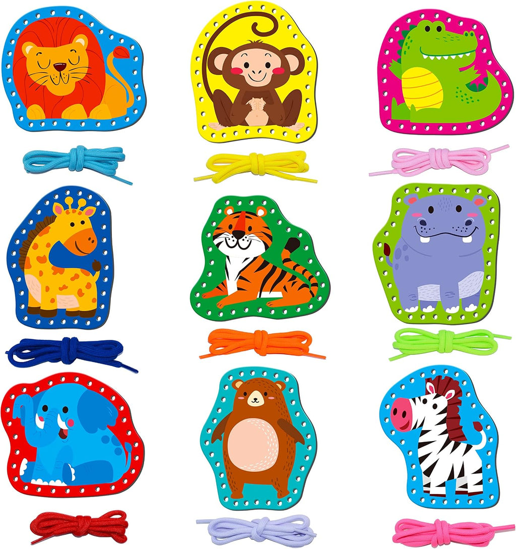 9 Pieces Kids Lacing Cards, Double Sided Sewing Cards in 9 Wild Animals with 9 Colorful Laces, Imagination