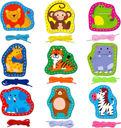 9 Pieces Kids Lacing Cards, Double Sided Sewing Cards in 9 Wild Animals with 9 Colorful Laces, Imagination
