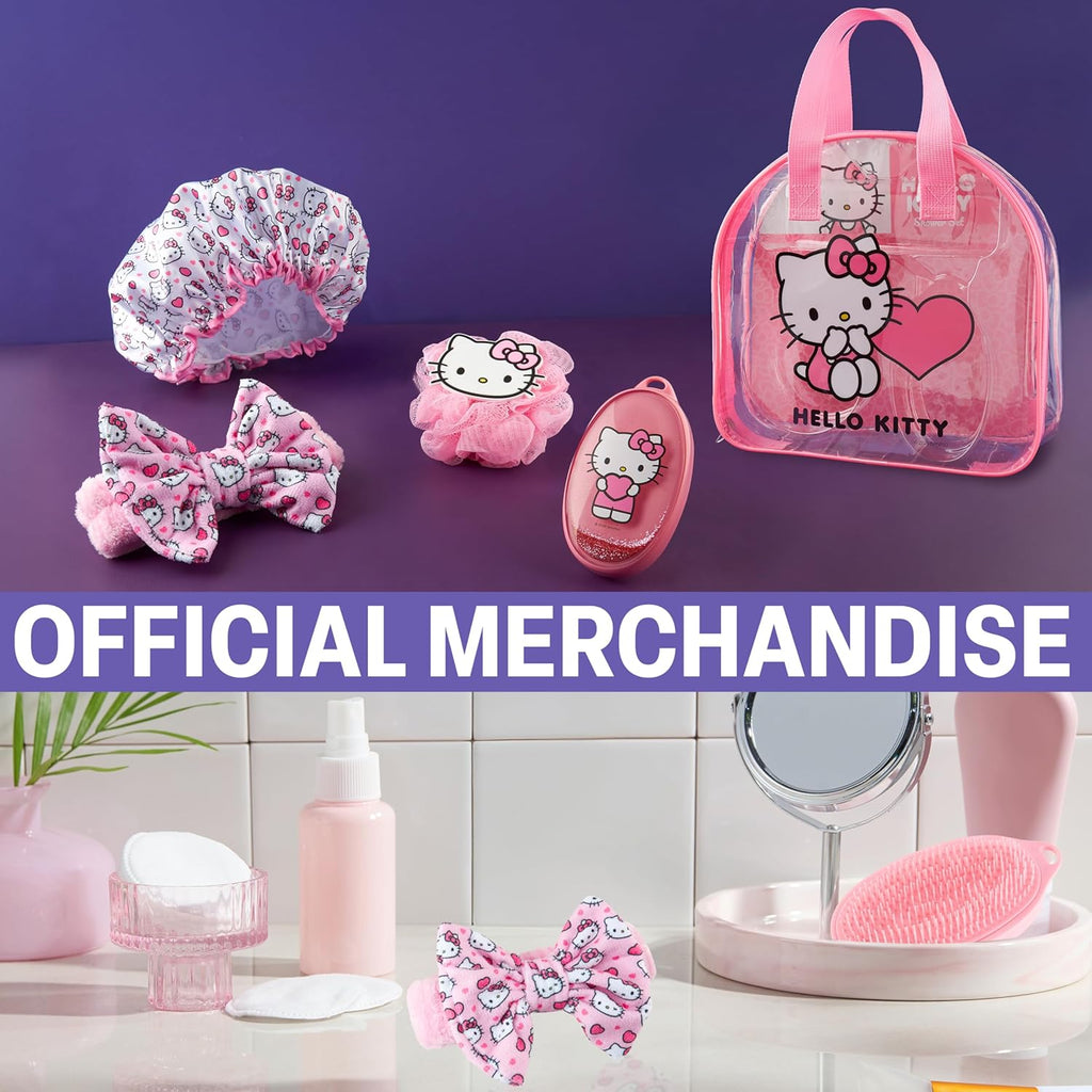 Hello Kitty Sanrio Shower Accessories Set, Kawaii Toiletry Bag with Shower Cap Headband Bath Sponge, Gifts for Girls