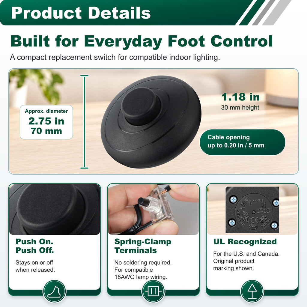 Astutivo Foot Switch for Floor Lamp, 2 Pack, Inline On/Off Pedal, Black