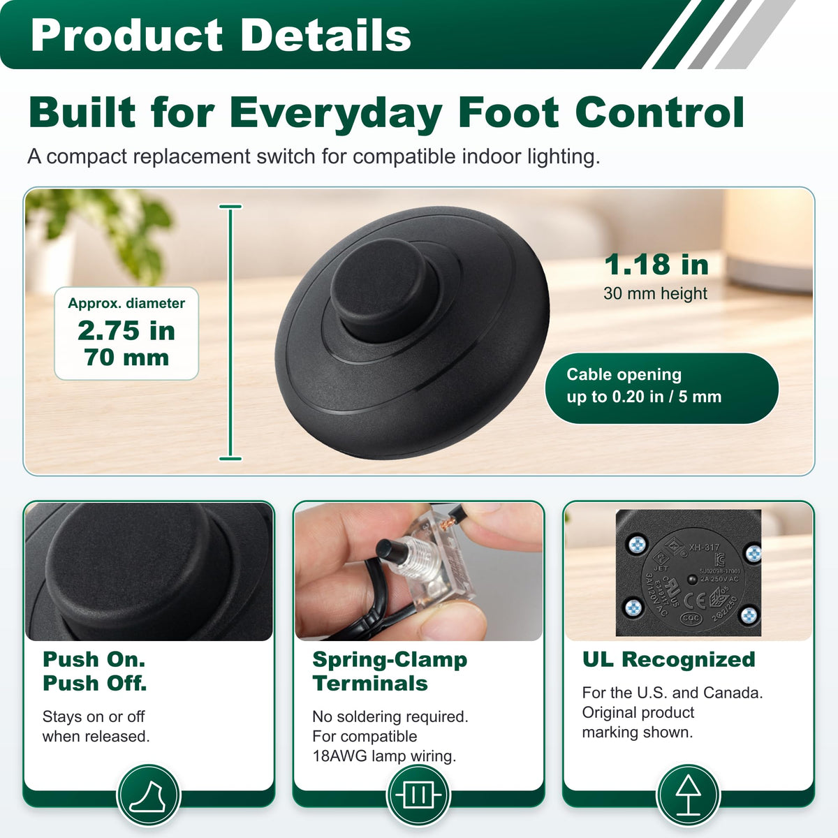 Astutivo Foot Switch for Floor Lamp, 2 Pack, Inline On/Off Pedal, Black