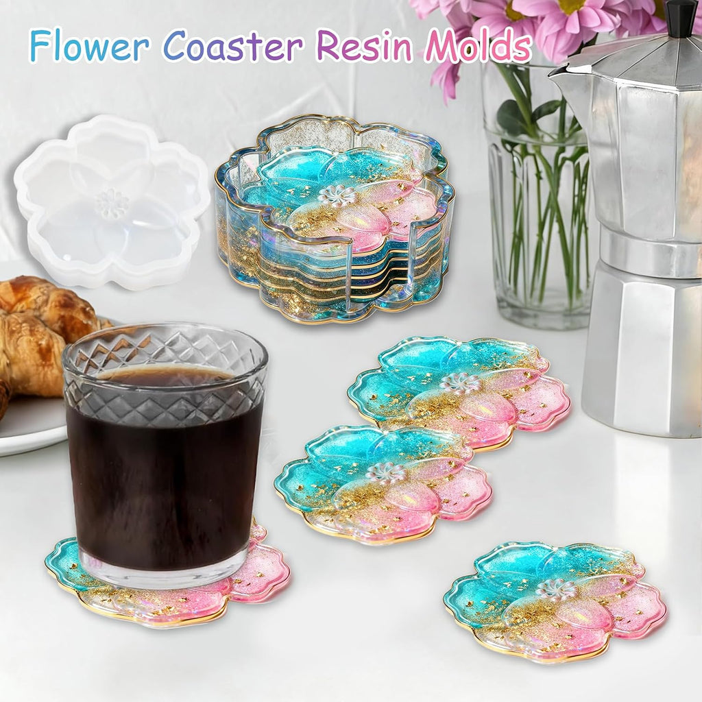 Silicone Coaster Resin Molds, 5PCS Flower Coaster Molds with Holder Mold for Epoxy Resin, Coaster Tray Resin Casting
